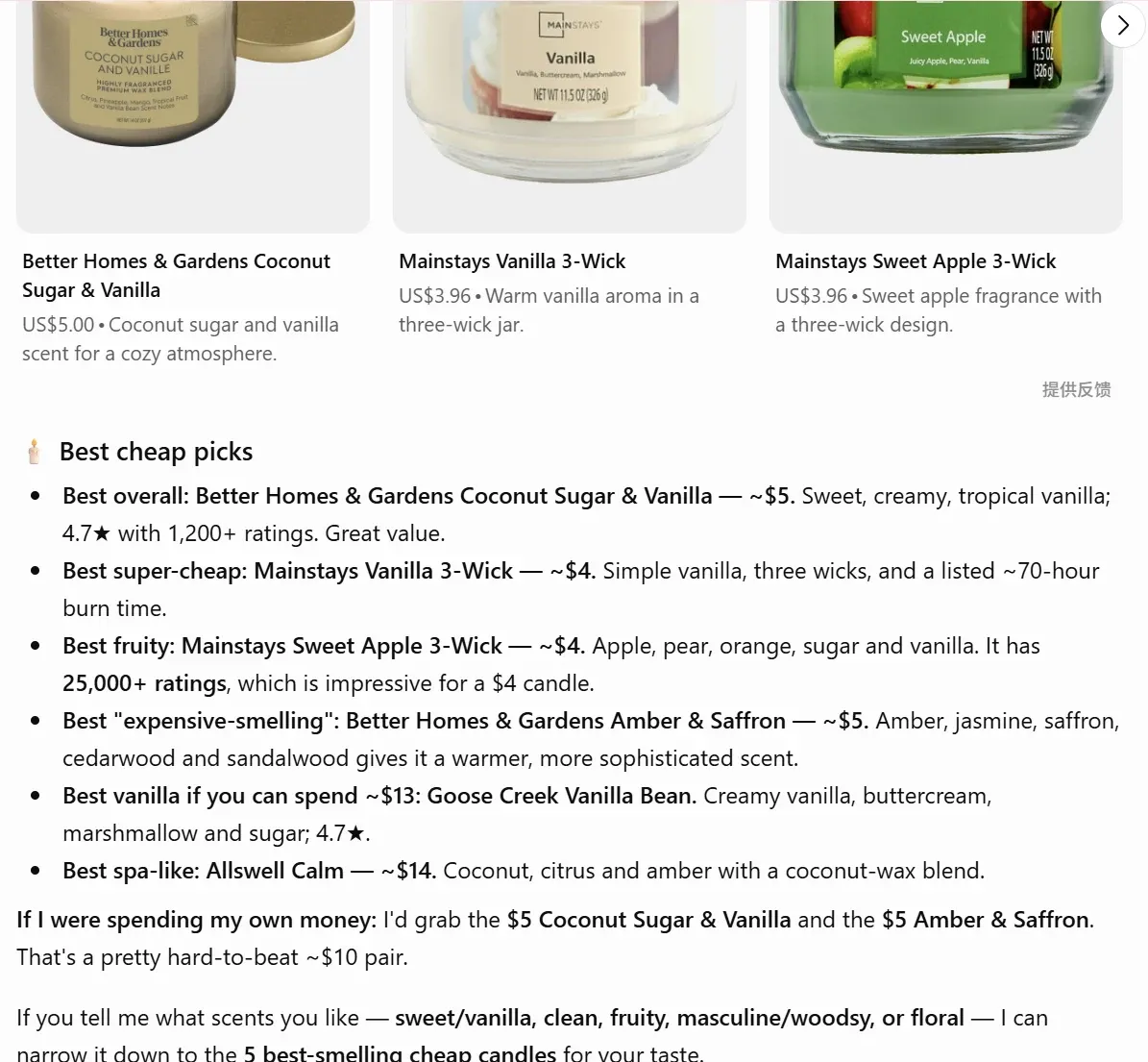 ChatGPT's answer to "What are the best cheap candles that smell good?", opening with a row of product cards showing photographed jars with prices — Better Homes & Gardens Coconut Sugar & Vanilla at $5.00 and two Mainstays three-wick candles at $3.96 — followed by a bulleted pick list naming Better Homes & Gardens, Mainstays, Goose Creek and Allswell, all sold at Walmart, with no source citations