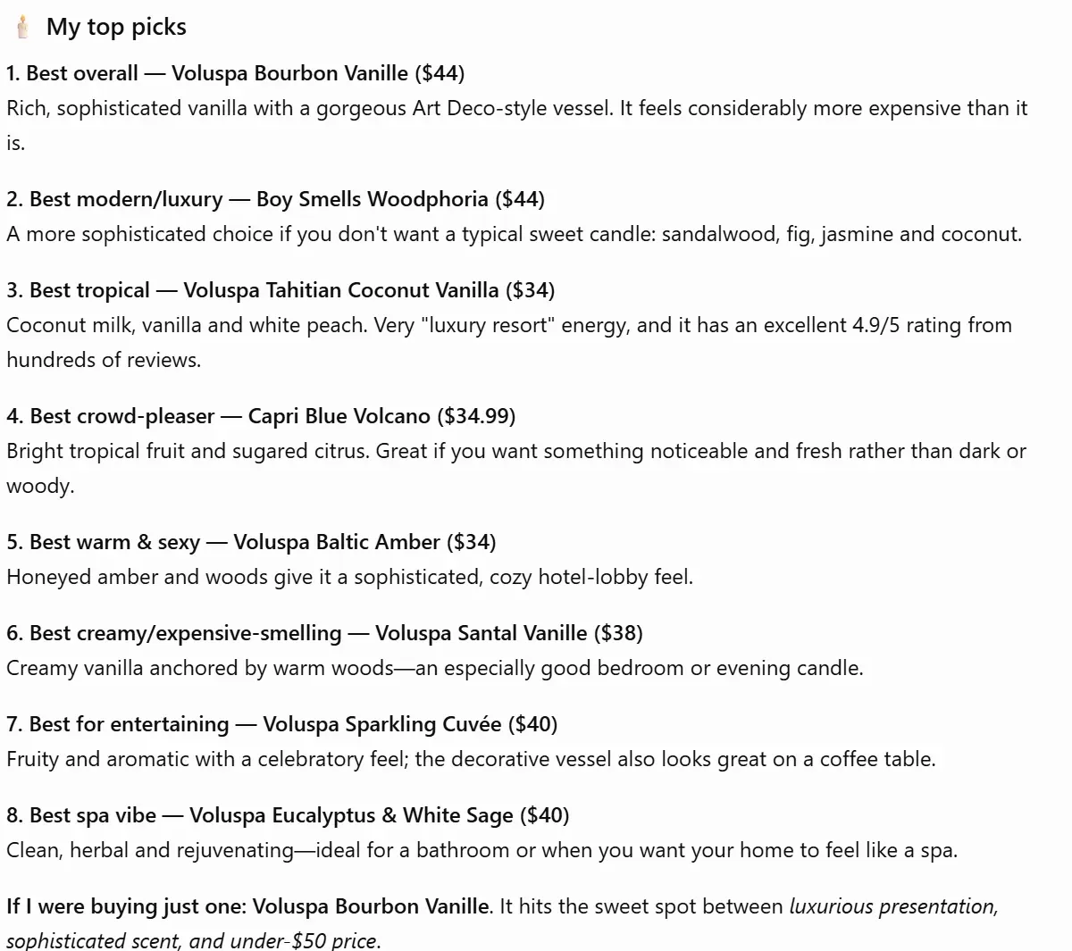 ChatGPT's ranked picks for "What are the best luxury candles under $50?" — eight numbered entries of which six are Voluspa (Bourbon Vanille, Tahitian Coconut Vanilla, Baltic Amber, Santal Vanille, Sparkling Cuvée, Eucalyptus & White Sage), with Boy Smells and Capri Blue taking the other two, and a closing line reading "If I were buying just one: Voluspa Bourbon Vanille"