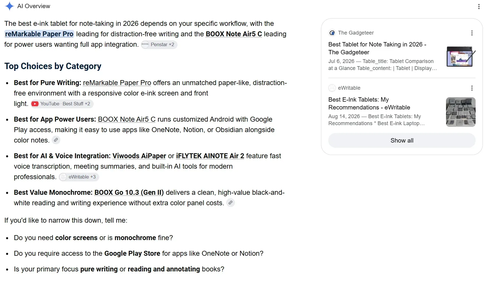 Google's AI Overview answering "What is the best e-ink tablet for note-taking in 2026?" by naming four specific brands — reMarkable Paper Pro, BOOX Note Air5 C, Viwoods AiPaper and BOOX Go 10.3 — each with a one-line reason and cited sources
